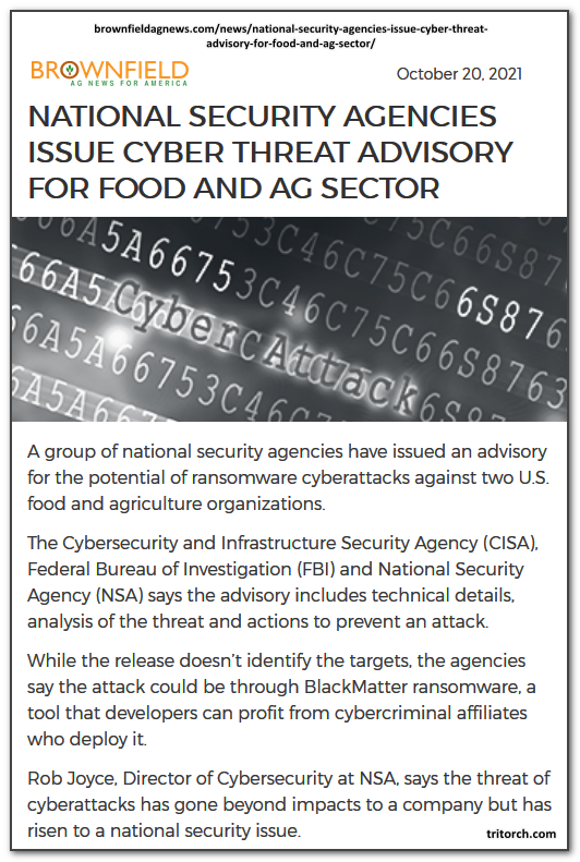 tritorch Farms and Food Production Under Cyber Attack Risk