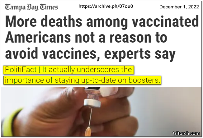 !!More Deaths Among COVID Vaccinated Not A Reason To Avoid Vaccines Tampa Bay Times December 2022