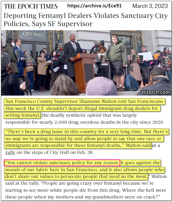 Departing Fentanyl Dealers Violates Sanctuary Policies SF Supervisor March 2023
